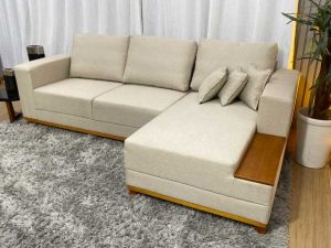 Sofá 3 Lugares 2,50 m Linho Bege Chaise Aline Plus