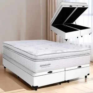 Colchão Queen New Freedom + Base Box Baú Corino Branco – ORTOBOM + BIOSTAR