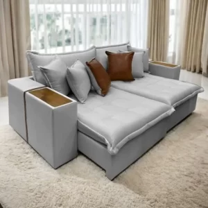 Sofá Cama Retrátil Tebas/Thebas 2,32 m Linho Gelo 07/Courino Dallas 07 – INNOVE ESTOFADOS