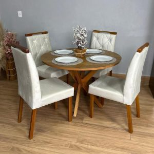 Mesa de Jantar Simpatia 1.08×1.08 Circular Com 4 cadeiras Jasmim – Cinamomo/Bege