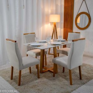 Mesa Pedro Mel Vidro OFF 120×80 4 Cadeiras Genova Veludo Madeira Maciça Art Assento