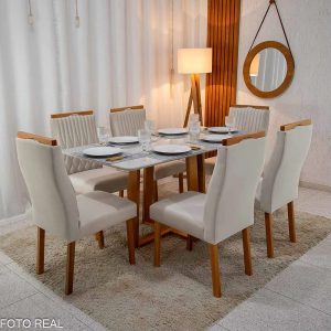 Mesa Pedro Mel Vidro OFF 160×80 6 Cadeiras Genova Veludo Bege 512 Madeira Maciça Art Assento - Entregue Montada