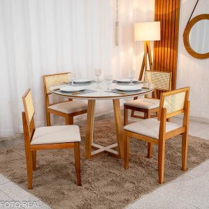 Mesa de Jantar Atlanta Cinamomo/Off Tampo Redondo Vidro Off 120x120 4 Santorini Linho Bege Madeira Maciça - Minas Plac