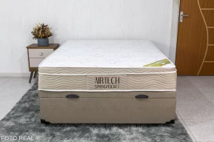 Box Baú Casal Eli Korino Bege Blindado + Colchão Casal Airtech Springpocket 138x188x67 Ortobom