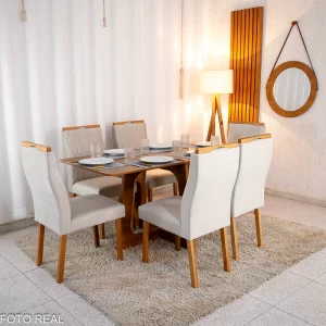 Mesa de Jantar Dubai Tampo Londres Cinamomo 160x80 6 Cadeiras Lisboa Veludo Bege 512 Madeira Maciça