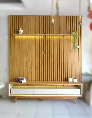 Painel Nobre Ripado com Rack Requinte pés Palito 230 cm - Naturale / Off White